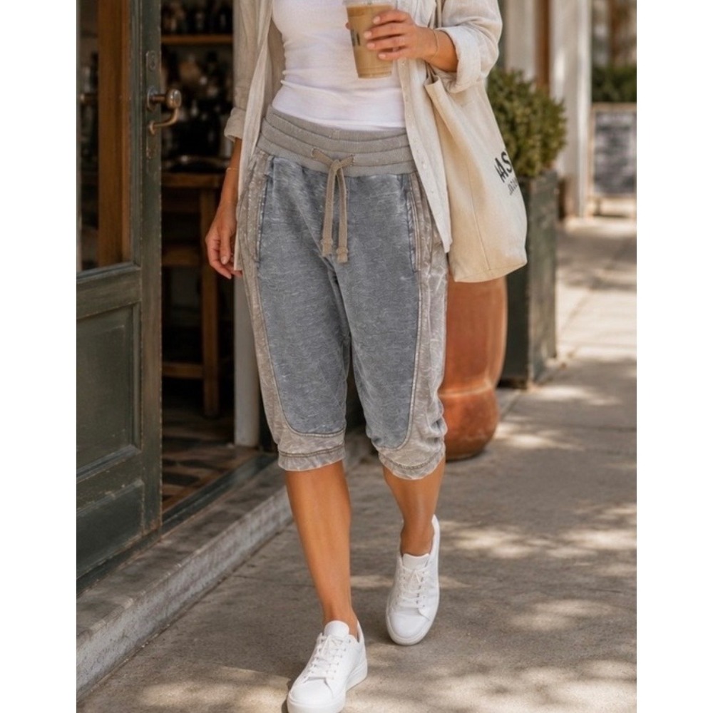 Jetlag Garment Dye Colorblock Cropped Sweatpants Blue Brown Jogger Utility Med